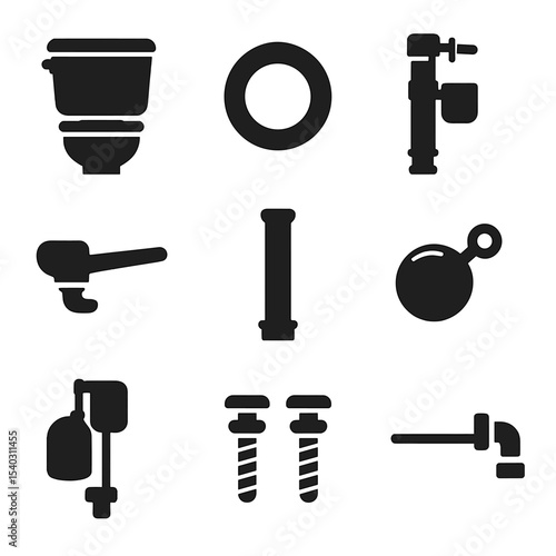 Toilet Tank Repair Icons. Solid, filled icons set of repairing a toilet tank: toilet tank, gasket, fill valve,