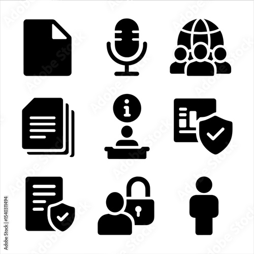 Transparency Icon Set. Solid, filled icons set of transparency and public access: open file icon, media