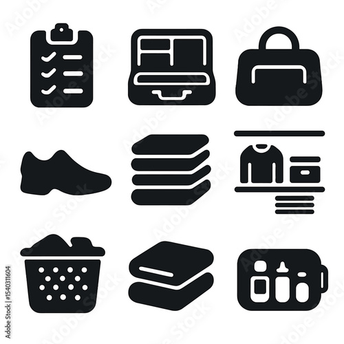 Travel Unpacking Icons. Solid, filled icons set of practical travel unpacking: travel checklist, open suitcase