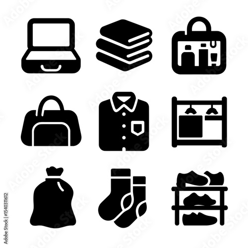 Travel Unpacking Icons. Solid, filled icons set of travel unpacking routine: open suitcase, clothing stack,