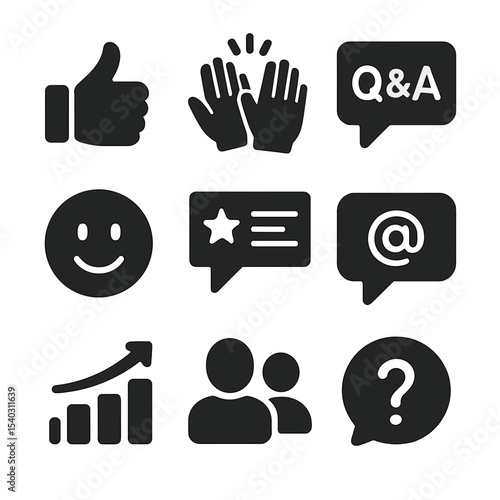 Icon Set_ Tutor-Student. Solid, filled icons set of tutor-student interaction features: thumbs up, clapping