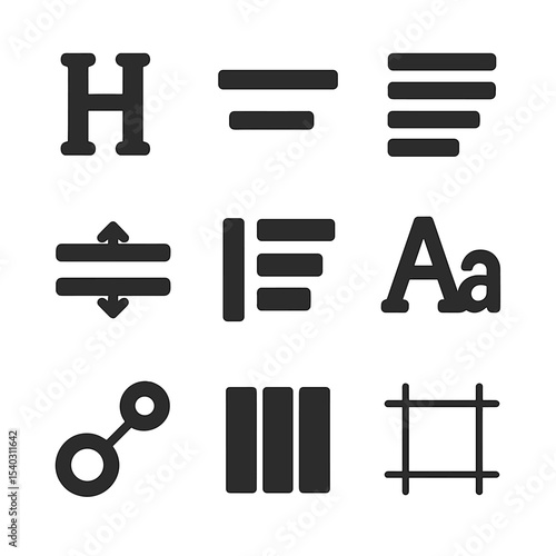 Typographic Icons Grid. Solid, filled icons set of typographic layout and hierarchy: header tag, subheading