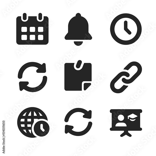 Tutoring Session Icons. Solid, filled icons set of tutoring session scheduling: calendar icon, session bell,