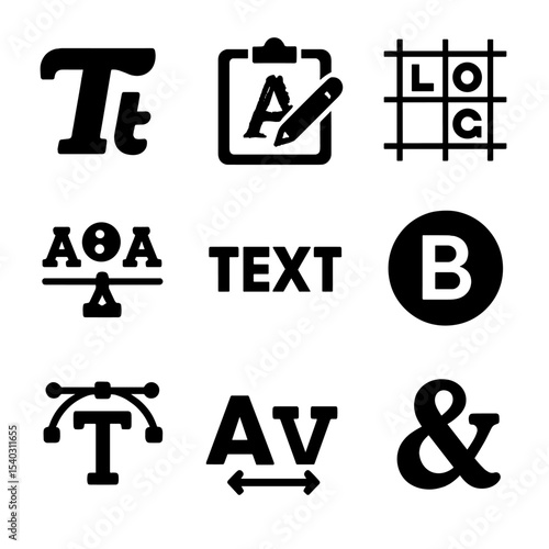 Typography Icon Grid. Solid, filled icons set of branding and logo typography: custom letterform, font sketch,