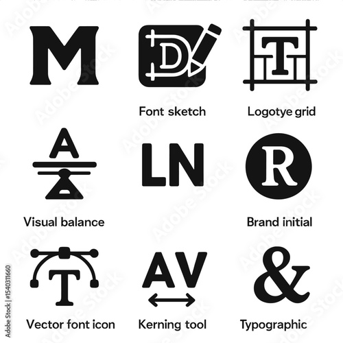 Typography Icon Grid. Solid, filled icons set of branding and logo typography: custom letterform, font sketch,