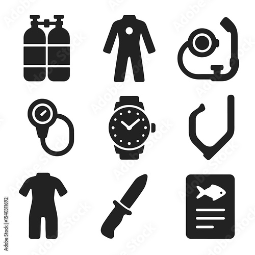 Underwater Gear Icons. Solid, filled icons set of underwater exploration gear: oxygen tank, dive suit,