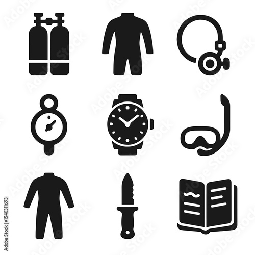 Underwater Gear Icons. Solid, filled icons set of underwater exploration gear: oxygen tank, dive suit,