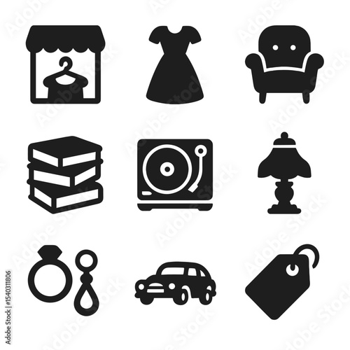 Vintage Market Icons. Solid, filled icons set of secondhand and vintage markets: thrift store, vintage dress,