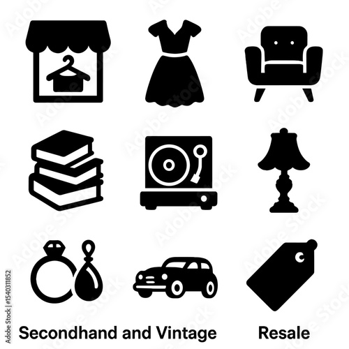 Vintage Market Icons. Solid, filled icons set of secondhand and vintage markets: thrift store, vintage dress,