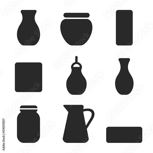Vase Icon Collection. Solid, filled icons set of vase shapes and materials: glass vase, ceramic pot, tall