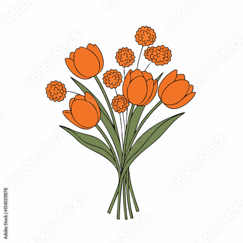 Vibrant Orange Tulip and Allium Bouquet Illustration