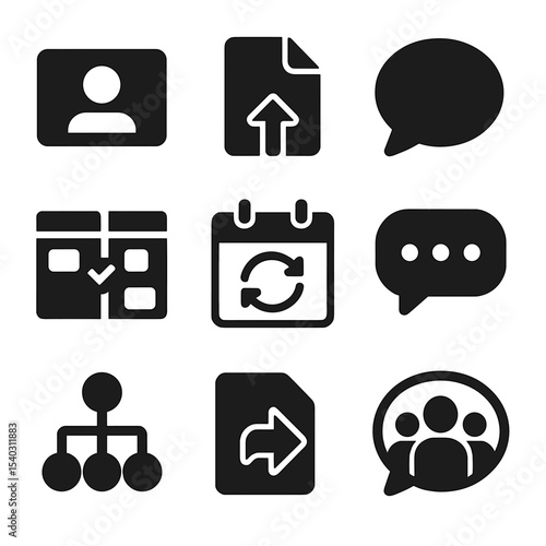 Virtual Collaboration Icons. Solid, filled icons set of virtual collaboration tools: video call, shared file,