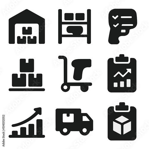 Warehouse Icon Set. Solid, filled icons set of storage and stock control: warehouse icon, shelf icon,