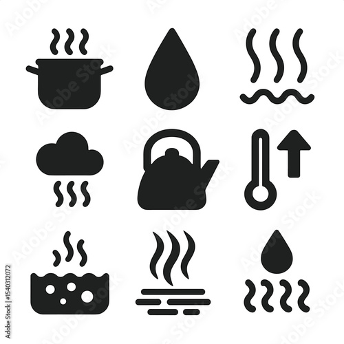 Water Evaporation Icons. Solid, filled icons set of water turning into steam: boiling pot, water droplet, heat