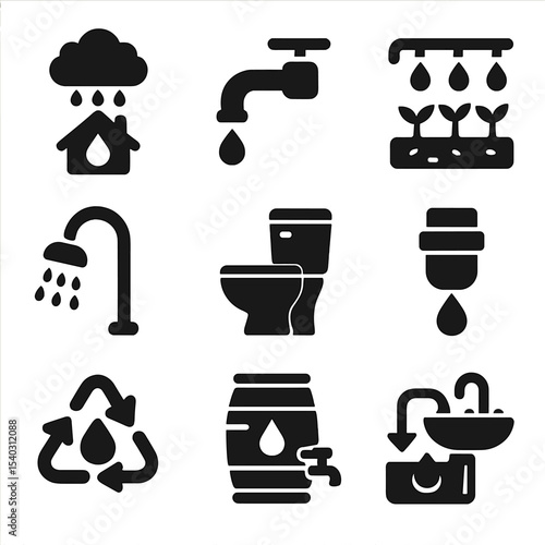 Water Conservation Icons. Solid, filled icons set of water conservation systems: rainwater harvesting,