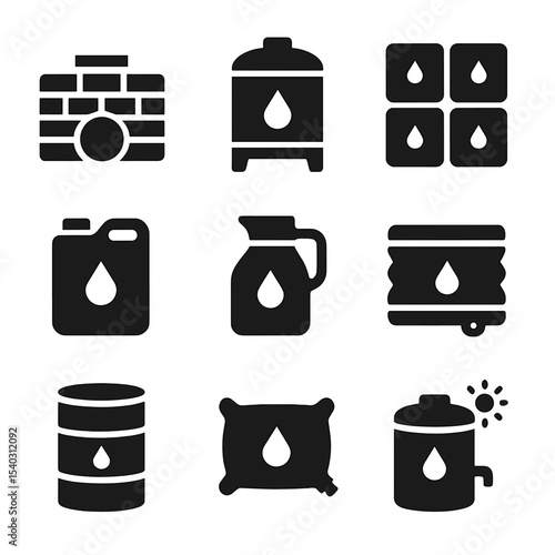 Water Storage Icons Set. Solid, filled icons set of water storage solutions: underground cistern, water tank,