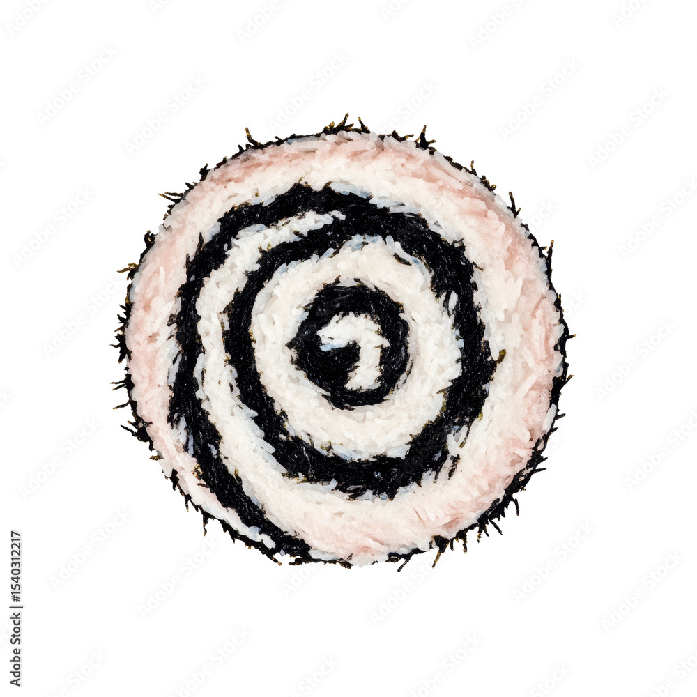 Fototapeta premium Spiral Sushi Rice Dish Close-up of Black and White Rice Roll with Pink Outer Layer