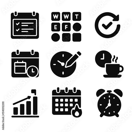 Weekly Planning Icons. Solid, filled icons set of weekly learning routines: weekly planner, weekday icons,