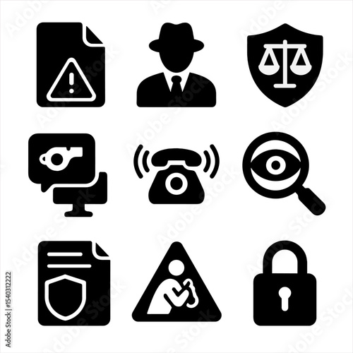 Whistleblower Protection Icons. Solid, filled icons set of whistleblower protection: alert file, anonymous