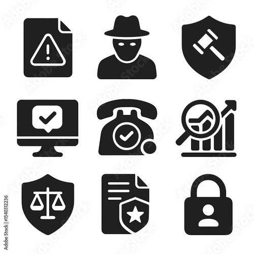 Whistleblower Protection Icons. Solid, filled icons set of whistleblower protection: alert file, anonymous