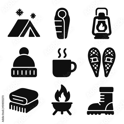 Winter Camping Essentials Icons. Solid, filled icons set of winter camping essentials: snow tent, sleeping bag
