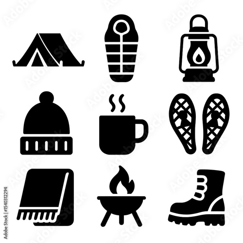 Winter Camping Essentials Icons. Solid, filled icons set of winter camping essentials: snow tent, sleeping bag