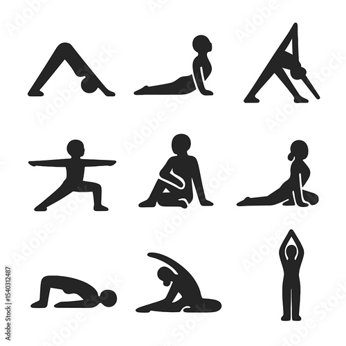 Yoga Stretch Icons. Solid, filled icons set of yoga-inspired athletic stretches: downward dog, cobra pose,