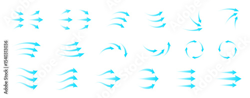 Modern air flow icon set with blue arrows and circular wave motion. Represents ventilation, filtration and purification system. Transparent vector symbols for HVAC home electronics infographic design