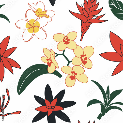 Tropical Floral Pattern with Red, Yellow, and Black Flowers and Green Leaves