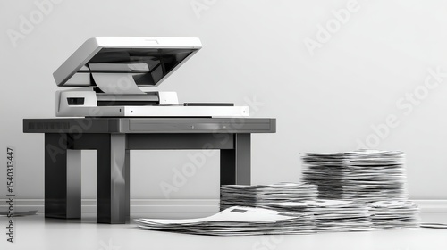 Modern Scanner on Table with Piles of Paper Documents Around It