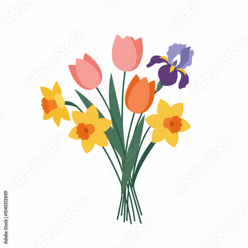 Vibrant Spring Bouquet of Tulips, Daffodils, and Irises