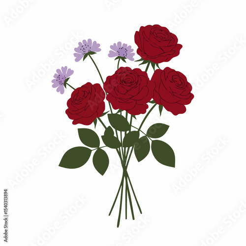 Elegant bouquet of deep red roses and delicate purple pincushion flowers