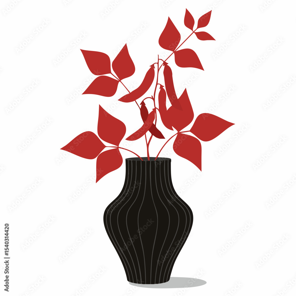 Stylized Red Leaves and Pods in a Black Striped Vase. Stylized Red Leaves and Pods in a Black Striped Vase.