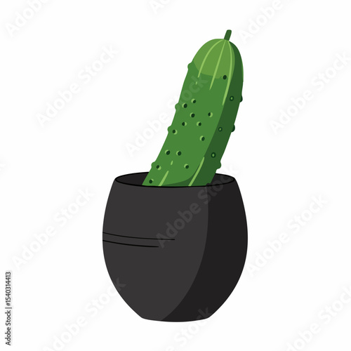 A Vibrant Green Cucumber in a Dark Pot