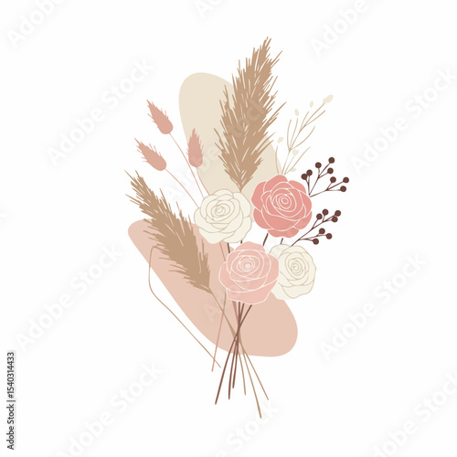 Delicate Pastel Bouquet of Roses and Dried Grasses