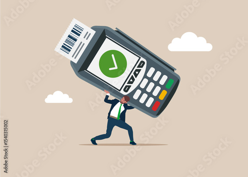 Young stressful sad businessman clerk manager carrying carry Pos machine and receipt on his back. Card reader device printing paper bills. Flat vector illustration