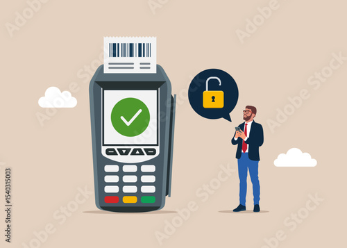 Unlock pay credit card. Payment edc electronic data capture transaction point of sales pos. Technology for business. POS terminal confirms the payment made through mobile phone. 