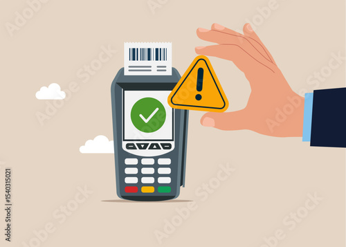 Dataphone electronic payment system with showing exclamation attention sign. Large global error. Flat vector illustration