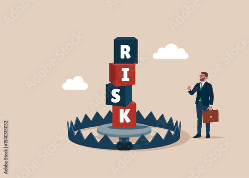 Сubics on stack with the word RISK on bear trap. Financial accounting fraud. Risk management, control or assess to lose money in investing. Modern vector illustration in flat style. 