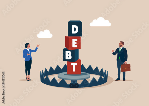Сubics on stack with the word DEBT on bear trap. Financial crisis in tax. Modern vector illustration in flat style
