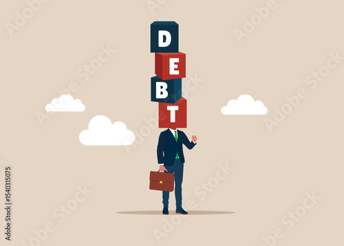 Businessman with a cubics on stack with the word DEBT on shoulders. Financial crisis in tax. Modern vector illustration in flat style. 