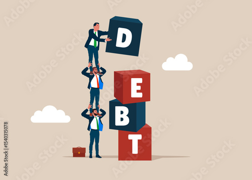 Business people employee holding each other on their shoulders and cubic on stack with the word DEBT. Flat vector illustration