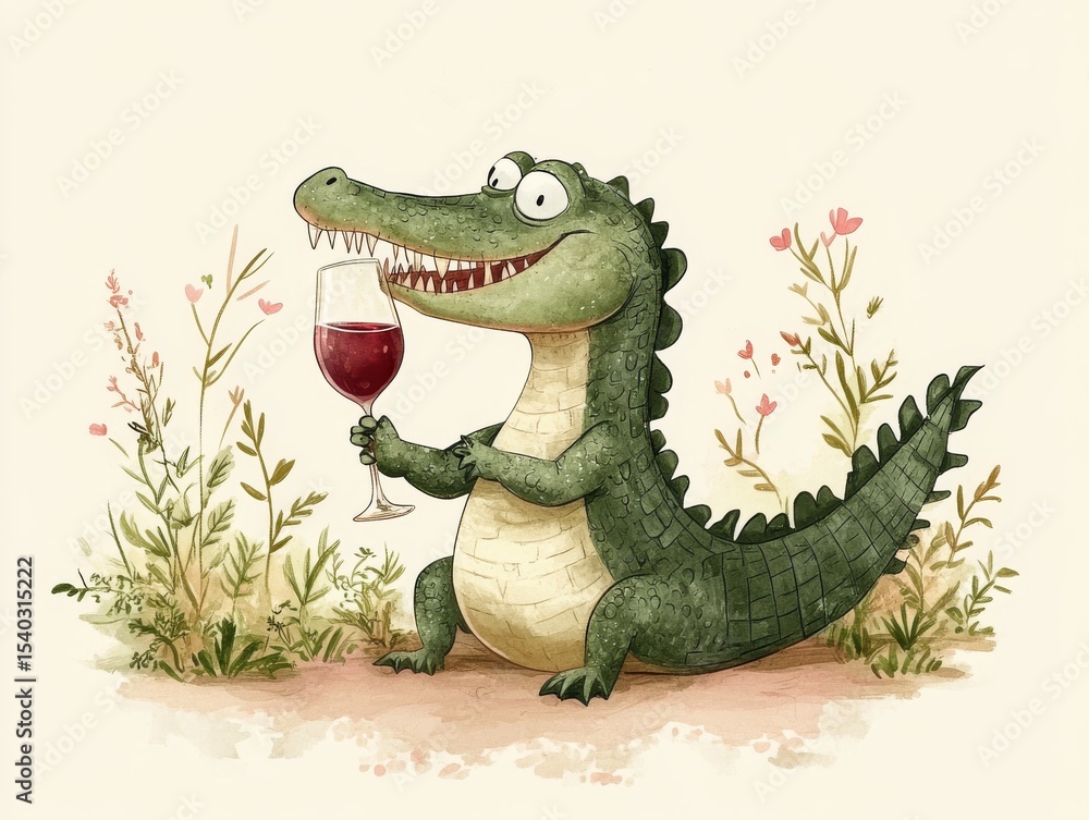 Fototapeta premium full body, a cute, angry adorable crocodile is drinking wine, elegant, minimalist, children's drawing 