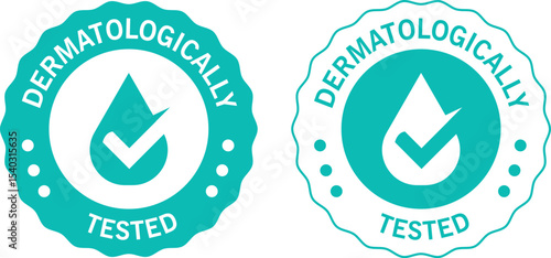 dermatologically tested badge icons with checkmark in water drop shape for skin-safe product label	