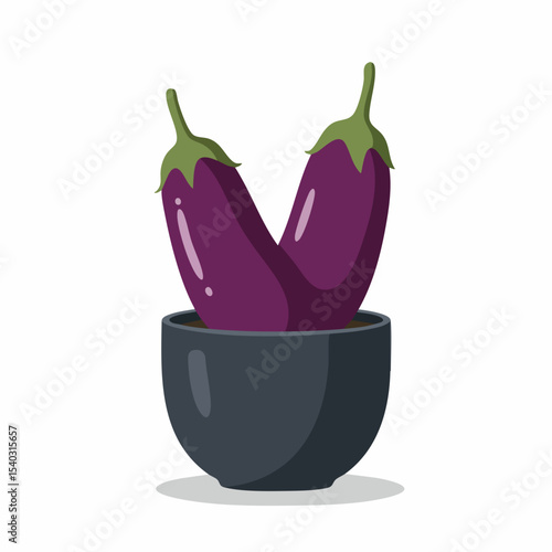 Two Eggplants in a Dark Gray Bowl, Vibrant Purple Hues