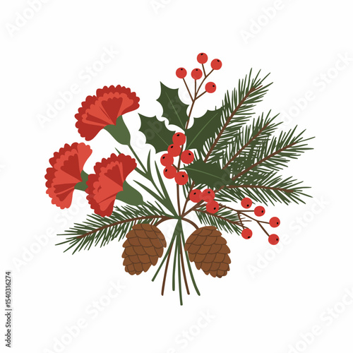 Festive Floral Arrangement with Carnations, Berries, Pine and Cones.