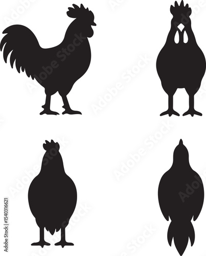 rooster silhouette icons set side, front, back, and top views vector art illustration