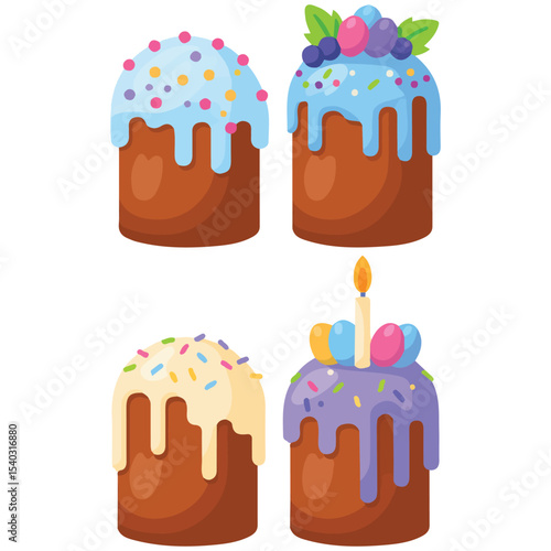 Easter cakes with icing set vector isolated white background