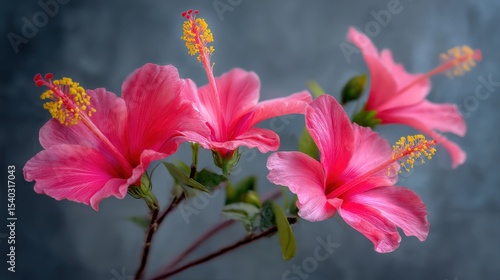 Vibrant Pink Hibiscus Flowers with Yellow Stamen Against Gray Background