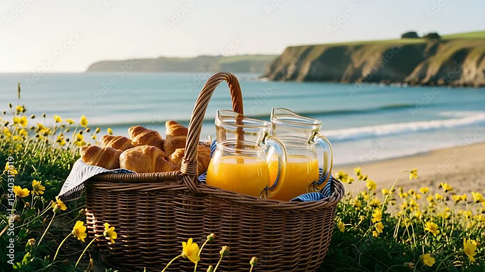 Picnic Basket with Orange Juice and Croissants near Ocean Coastline
